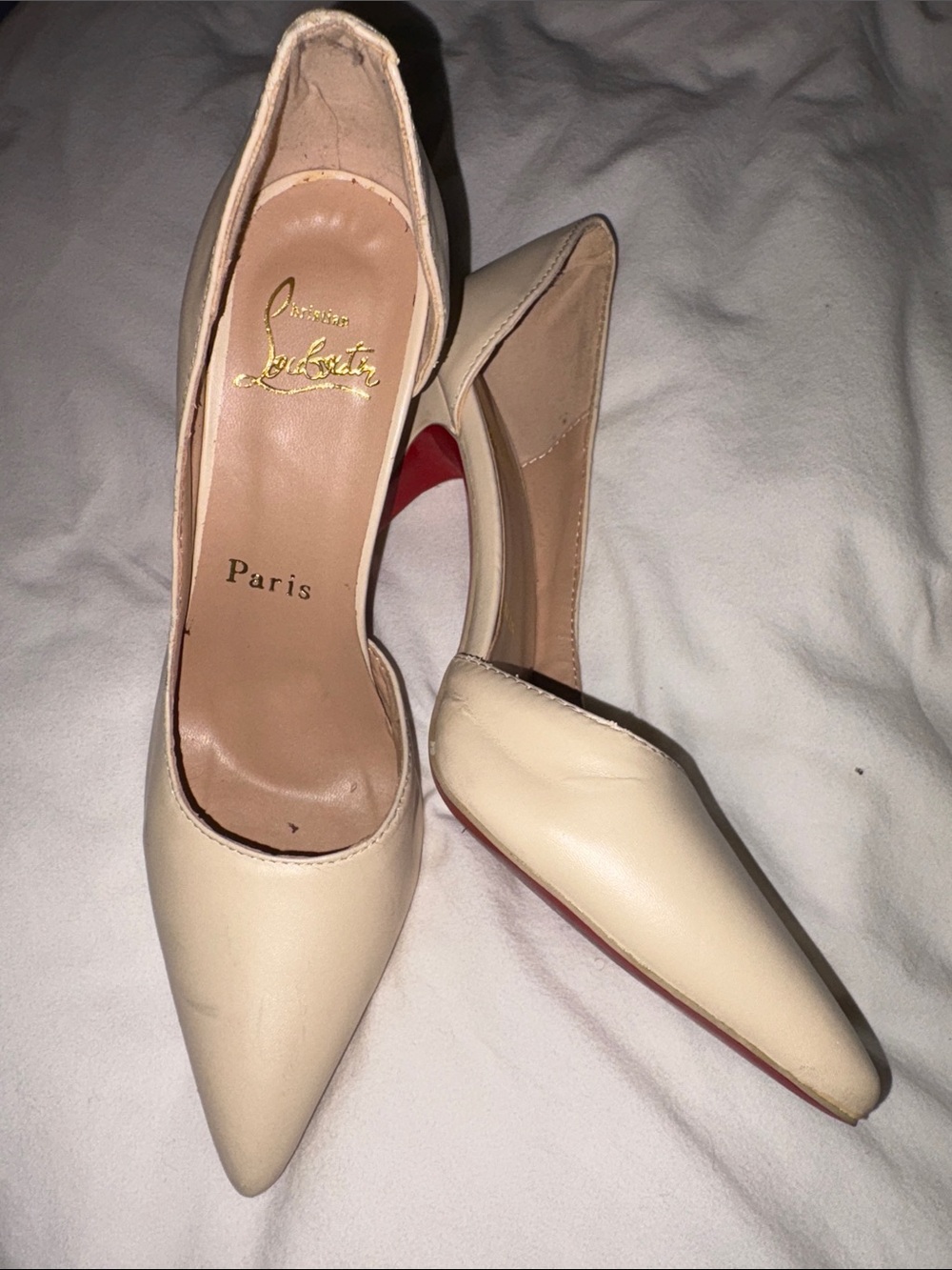 Christian Louboutin Nude Leather Pointed-Toe Pumps with Red Sole